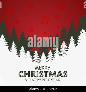 Eine festliche Weihnachtsgrußkarte mit weißen und dunkelgrünen Kiefernbaumsilhouetten vor einem leuchtend roten Farbverlauf mit Schneeflocken. Stock Vektor