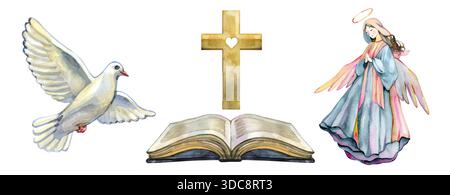 Aquarellsammlung religiöser Symbole mit einer weißen Taube des Friedens im Flug, einem goldenen Holzkreuz mit Herzmitte, einer offenen heiligen Bibel Stockfoto
