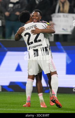 Turin, Italien. Dezember 2025. 20. Dezember 2025, Allianz Stadium, Turin, Italien; Serie A Enilive Football Match; Juventus gegen Roma; Lois Openda vom FC Juventus feiert nach Tor für 2-0 Credit: Roberto Ramaccia/Alamy Live News Stockfoto