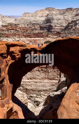Zwei Wanderer ruhen auf Cassidy Arch, Grand Washing. Capitol Reef National Park, Utah, USA Stockfoto