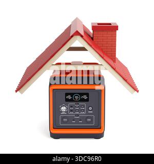 Home Backup Power Konzept. Tragbares Kraftwerk Unter Dem Hausdach Symbolisiert Notstrom- Und Energieunabhängigkeit Isoliert Auf White Backgro Stockfoto