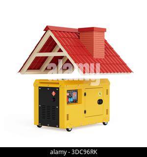 Energiepufferkonzept Für Zuhause. Gelber Elektrischer Generator Kombiniert Mit Hausdach Und Kamin Auf Weißem Hintergrund. 3D-Rendering Stockfoto
