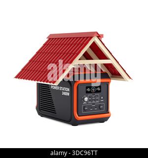 Home Backup Power Konzept. Tragbares Kraftwerk Unter Dem Hausdach Symbolisiert Notstrom- Und Energieunabhängigkeit Isoliert Auf White Backgro Stockfoto