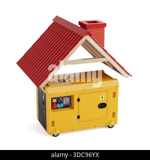 Energiepufferkonzept Für Zuhause. Gelber Elektrischer Generator Kombiniert Mit Hausdach Und Kamin Auf Weißem Hintergrund. 3D-Rendering Stockfoto