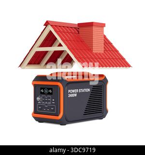 Home Backup Power Konzept. Tragbares Kraftwerk Unter Dem Hausdach Symbolisiert Notstrom- Und Energieunabhängigkeit Isoliert Auf White Backgro Stockfoto