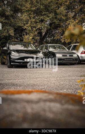 Zwei Autos parken draußen vor einer Reihe von Bäumen, ruhige Atmosphäre, Deer E-Carsharing, Tesla Model 3, Calw, Deutschland Stockfoto