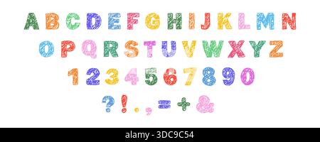 Buntstift mit englischem Alphabet. Bunte und fett gedruckte Schriftart. Handgezeichnete Bleistiftbuchstaben und -Zahlen. Vektorabbildung Stock Vektor