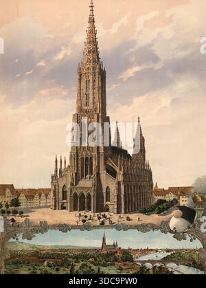 Ulmer Münster in Ulm, Baden-Württemberg, Deutschland, authentische Reproduktion eines Schulwandbildes, historisch, um 1900 Stockfoto