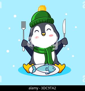 Glücklicher Pinguin bereit, eine Fischmahlzeit im Winter Vektor Illustration Cartoon Design zu genießen Stock Vektor