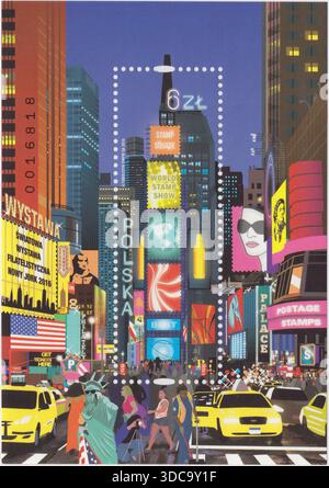 POLEN — 18. Mai 2016: 6 Zloty buntes Souvenir-Blatt mit Briefmarke, die das Detail des Times Square in Manhattan, New York City, mit dekorativen Rändern zeigt. Philatelismusausstellung in New York, USA. Der Times Square ist ein wichtiger Verkehrsknotenpunkt, ein Touristenziel, ein Unterhaltungszentrum und ein Viertel im Viertel Midtown Manhattan von New York City. Der Times Square ist hell beleuchtet von zahlreichen digitalen Plakaten und Anzeigen sowie von Unternehmen, die 24/7 Service anbieten. Es ist auch das Drehkreuz des Theaterviertels und ein wichtiges Zentrum der weltweiten Unterhaltungsindustrie Stockfoto