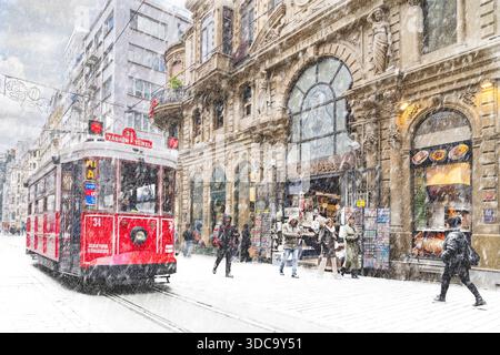 Blick über die Istiklal-Straße mit rotem Straßenwagen, im Schnee im Viertel Beyoglu, Istanbul, Türkei Stockfoto