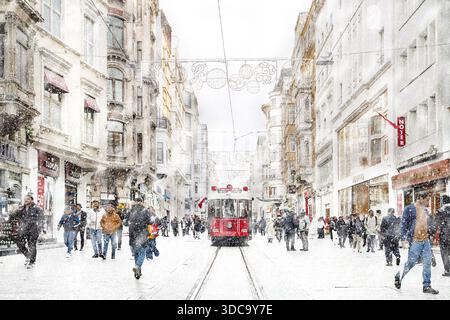 Blick über die Istiklal-Straße mit rotem Straßenwagen, im Schnee im Viertel Beyoglu, Istanbul, Türkei Stockfoto