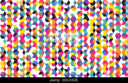 Ein abstraktes, nahtloses Muster mit einer dichten Anordnung von bunten isometrischen Würfeln und Diamantformen. Stock Vektor