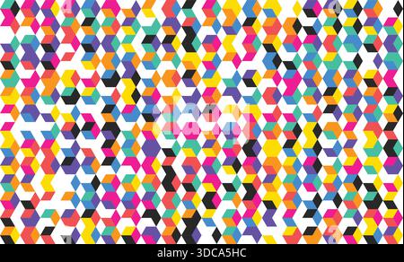 Ein abstraktes, nahtloses Hintergrundmuster mit bunten isometrischen Würfeln, die in einer geometrischen Tessellierung auf weißem Hintergrund angeordnet sind. Stock Vektor