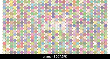 Eine große Auswahl an farbenfrohen Sechsecken, die in einer präzisen geometrischen Gitterform angeordnet sind, schaffen einen visuell ansprechenden abstrakten Hintergrund. Stock Vektor