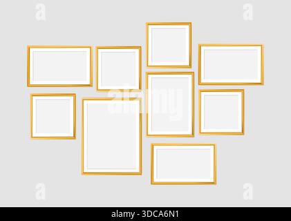 Set aus goldenem modernem Rahmen isoliert auf weißem Hintergrund. 3D Fotorahmen für Kinder, Galerien, Kunstwerke, Fotografie Vektor Illustration Mockup. Stock Vektor