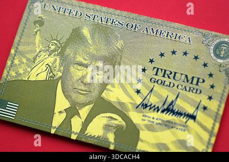 KIEW, UKRAINE - 13. DEZEMBER 2025 Trump Goldkarte Souvenir auf roter Farbe Hintergrund Oberfläche Nahaufnahme Stockfoto