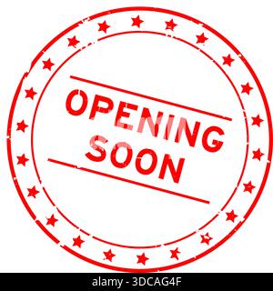 Grunge rote Öffnung bald Wort-runder Gummisiegelstempel auf weißem Hintergrund Stock Vektor