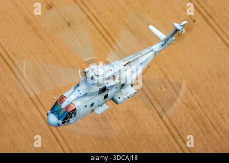 Royal Navy EHI EH101-111 Merlin HM2 Hubschrauber ZH832 wird in einer Luft-Luft-Ansicht bei RIAT gefangen genommen. Der mittelschwere Hubschrauber verfügt über zwei Rolls-Royce Turbomeca RTM322-Motoren und einen fünfflügeligen Hauptrotor. Stockfoto