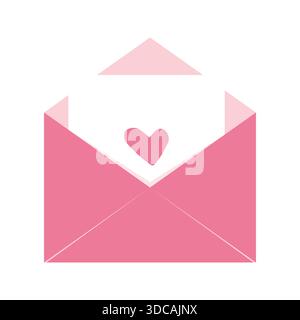 Briefumschlag offen Liebesbrief mit Herz, süße rosafarbene romantische Postkarte. Dekorationselemente für Hochzeit und Valentinstag. Vektorabbildung Stock Vektor