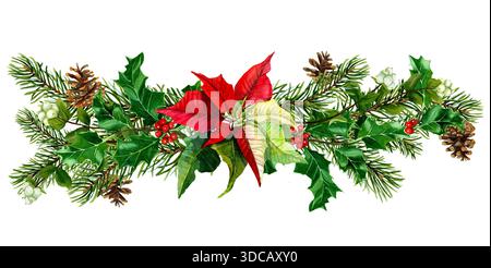 Aquarell Weihnachten horizontale Komposition mit Weihnachtsstern, Fichtenzweig, roten Beeren, Stechpalme, Schneebeere. Winterflanke im Öko-Stil. Stockfoto