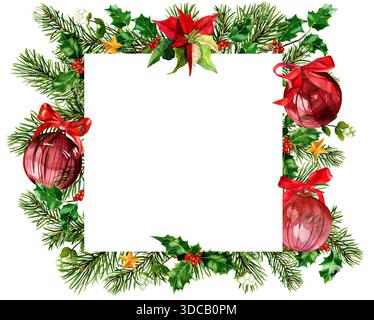 Aquarell-Fichtenzweig mit Glaskugeln, Weihnachtsstern, roten Bögen im quadratischen Rahmen. Winter Weihnachten blank Borte. Vorlage für Text. Einrichtung für Angebote Stockfoto