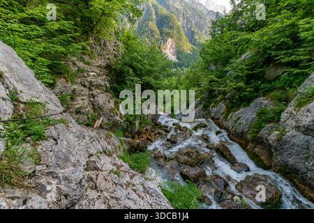 Ein ruhiger Gebirgsbach fließt über zerklüftete Kalksteinfelsen und erinnert an Ruhe und unberührte Wildnis im atemberaubenden Soca-Tal Sloweniens Stockfoto
