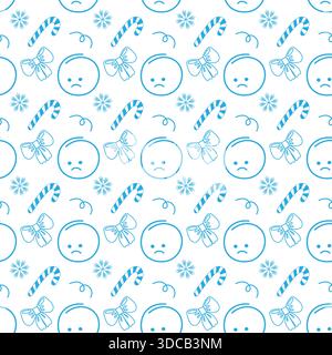 Traurige Smiley-Gesichter, gebundene Schleife und gestreifte Candy Cane Seamless Pattern Blue Monday stimmungsvolle Kulisse. Isolierte Vektor-Illustration Blau Montag oder Motivationskarten Hintergrund Party Einladung, Banner, Flyer Stock Vektor
