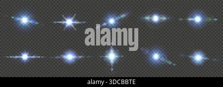 Lichterglanz und Glanz realistischer Effekt mit Flare und hellen Glitzer Vektor Set. Kamerablitz mit blauen Strahlen, magischem Sonnenlicht und abstraktem Licht Stock Vektor