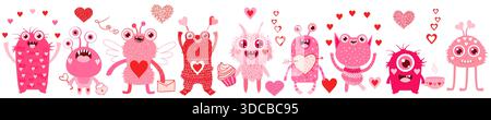 Lustige, alberne Valentinstag-Vektormonster in Rosa und Rot, süße gruselige Alien-Kreaturen und Herzen Stock Vektor