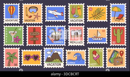 Sommerreisestempel. Strand, Palme und Flugzeug für Urlaubs-Postkarten, Abenteuer-Erinnerungen und Tourismus-Poster. Handgezeichneter Vektorsatz von Marine und Stock Vektor