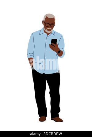 Ein älterer Schwarzer, der ein Smartphone benutzt Stock Vektor