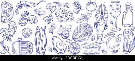 Mediterrane Ernährung Meeresfrüchte. Garnelen, Lachs und Olivenöl für gesunde Küche, italienisches Menü und Restaurant Branding oder Verpackung. Handgezeichneter Vektorsatz Stock Vektor