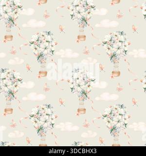 Nahtloser Druck in Pastellfarben für Kindheit mit fliegenden Ballons und Bändern. Neutrale Muster von Blumen, Schmetterlingen und Wolken handgezeichnet. Wiederholen Stockfoto