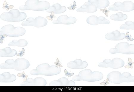 Weiche blaue Wolken und Schmetterlinge Aquarellrahmen isoliert. Handbemalter Rand mit Himmelselementen. Zeichnung für Babyankündigungen und Dusche Stockfoto
