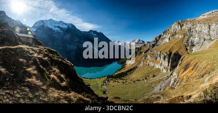 Panorama Von Ober Bergli Mit Blick Auf Den See Oeschinen Stockfoto