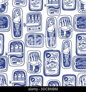 Sardina nahtloses Vektormuster mit Vintage Sardine Dosen Hand gezeichnet nautische Illustration Stock Vektor
