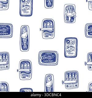 Sardina nahtloses Vektormuster mit Vintage Sardine Dosen Hand gezeichnet nautische Illustration Stock Vektor