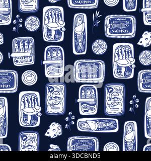 Sardina nahtloses Vektormuster mit Vintage Sardine Dosen Hand gezeichnet nautische Illustration Stock Vektor
