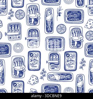 Sardina nahtloses Vektormuster mit Vintage Sardine Dosen Hand gezeichnet nautische Illustration Stock Vektor