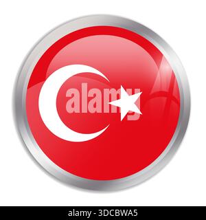 Truthahnflagge – der glänzende, kreisförmige Knopf im Metallrahmen zeigt eine farbenfrohe Flagge einer kulturellen Identität und eines kulturellen Erbes des Landes. Das Wesen des nationalen Stolzes und der Einheit. Stock Vektor