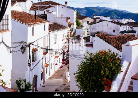 Traditionelle Architektur in den Straßen von Alpandeire, Sierra de Ronda, Málaga, Andalucía, Spanien, Europa Stockfoto