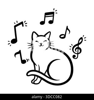 Fröhliche Katze mit musikalischen Noten Strichkunst. Lächelndes Kätzchen, das Musik-Vektor-Illustration hört. Stock Vektor