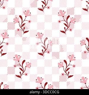 Rosa karierter Hintergrund mit Blumenmuster und Blumenranken. Rustikaler Hintergrund des Bauernhauses und Blumenstreifen im Großmillenstil Stock Vektor