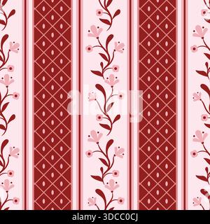 Vektor-Wimsy florales Streifenmuster. Rotes, nahtloses, elegantes Rahmenmuster. Perfekt für Tapeten, Geschenkpapier, Textilien und Schreibwaren. Vektor-Preppy Stock Vektor