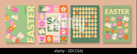 Frühlingsflieger für Ostern. Grußkarten für glückliche Feiertage mit Symbolen von Osterkaninchen, Ei, Blumen. Vorlage für Ihr Design, Web, Banner, Poster, soziale Medien, Vertrieb. Vektorabbildung Stock Vektor