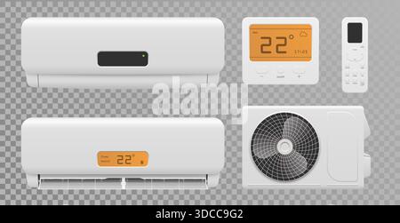 Realistische geteilte Klimaanlagen mit digitalen Bedienelementen, Fernbedienung und Außenventilator, entwickelt für effiziente Kühlung und Luftreinigung in Heim- oder Bürovektorillustration Stock Vektor