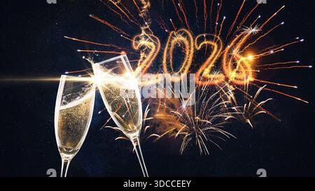 Festliches Neujahrsfest 2026 Hintergrund mit einem funkelnden 2026 mit Feuerwerk am Nachthimmel. Zwei Sektflöten in einem To Stockfoto