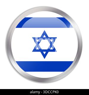 Israel-Flagge – der glänzende, kreisförmige Knopf im Metallrahmen zeigt eine farbenfrohe Flagge einer kulturellen Identität und eines kulturellen Erbes des Landes. Das Wesen des nationalen Stolzes und der Einheit. Stock Vektor
