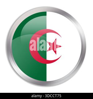 Algerien-Flagge – der glänzende Kreisknopf im Metallrahmen zeigt eine farbenfrohe Flagge einer kulturellen Identität und eines kulturellen Erbes des Landes. Das Wesen des nationalen Stolzes und der Einheit. Stock Vektor